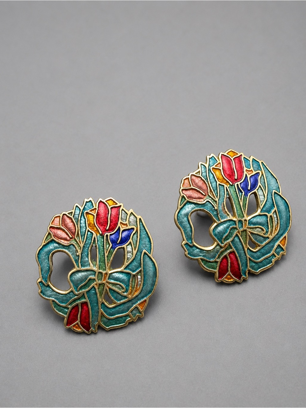 Floral Cloisonné  Multicolor Enamel Stud Earrings
